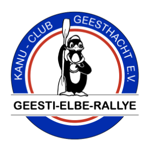 Rundes weiß, rot, blaues Logo der Geesti-Elbe-Rallye, mit einem Pinguin in der Mitte, der ein Paddel in der Hand hält<br />
<br />
